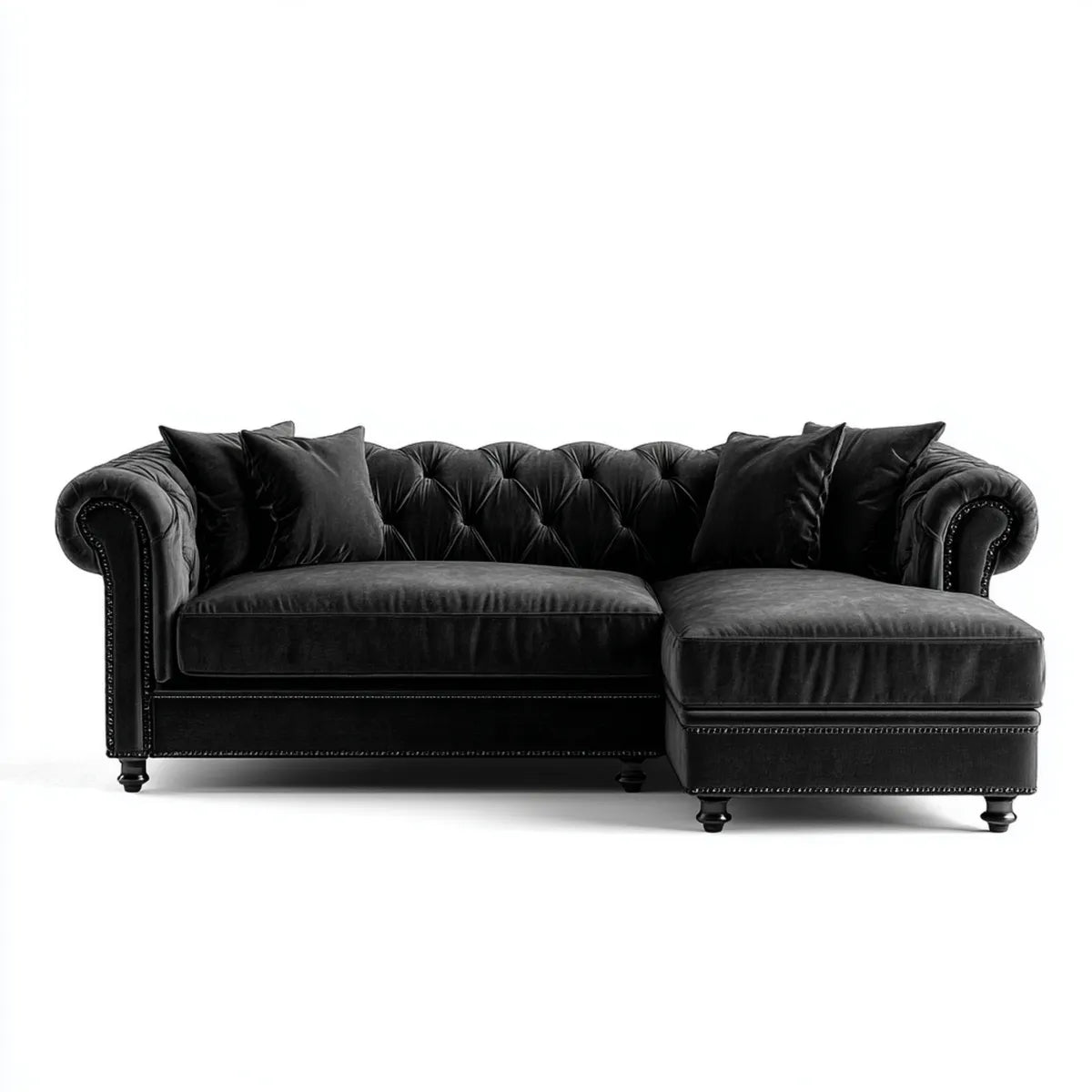 Canapé d'angle Chesterfield 3 places noir en velours de polyester avec méridienne droite 265 x 165 x 78 cm
