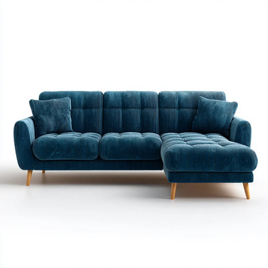 Canapé d'angle 3 places bleu pétrole avec méridienne droite en velours côtelé polyester 250 x 155 x 85 cm