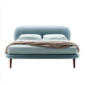 Lit double capitonné bleu gris 160 x 200 cm en contreplaqué polyester et bois massif à tête arrondie