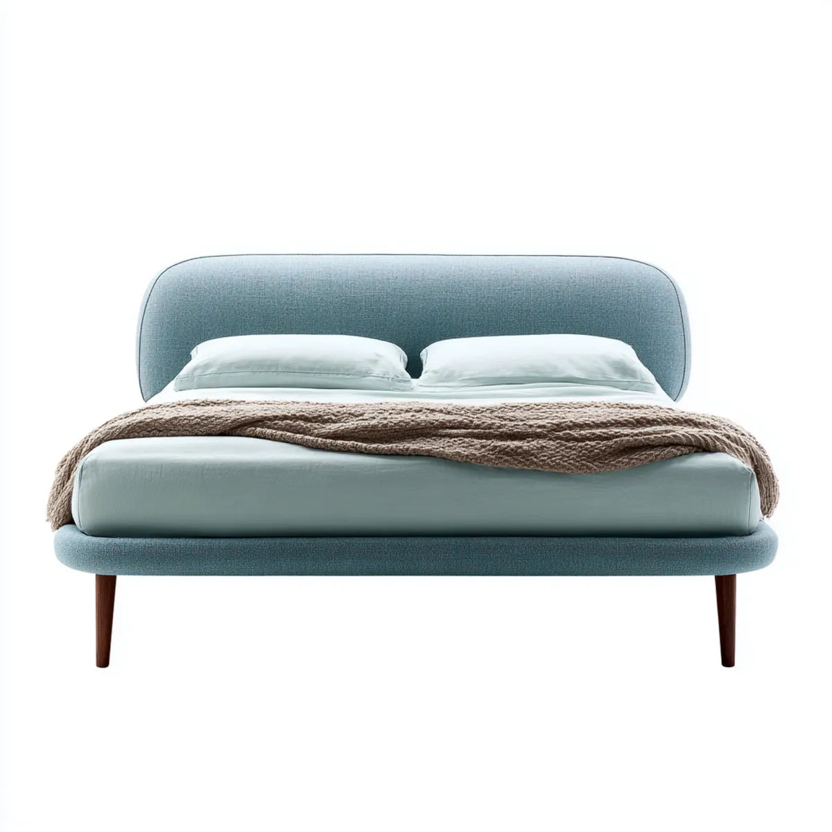 Lit double capitonné bleu gris 160 x 200 cm en contreplaqué polyester et bois massif à tête arrondie