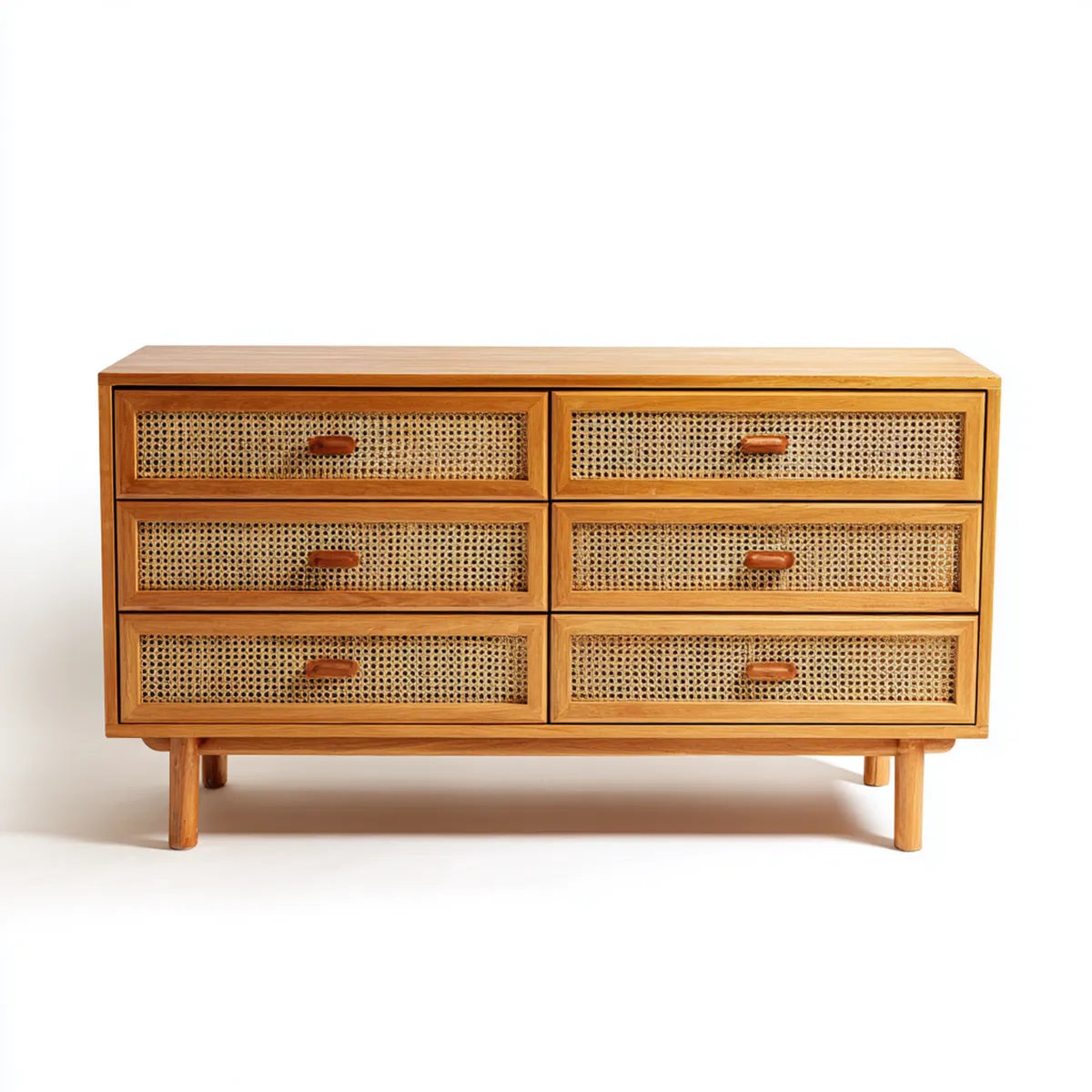Commode 6 tiroirs marron naturel en bois massif et cannage de rotin rectangulaire 140 x 40 x 80 cm