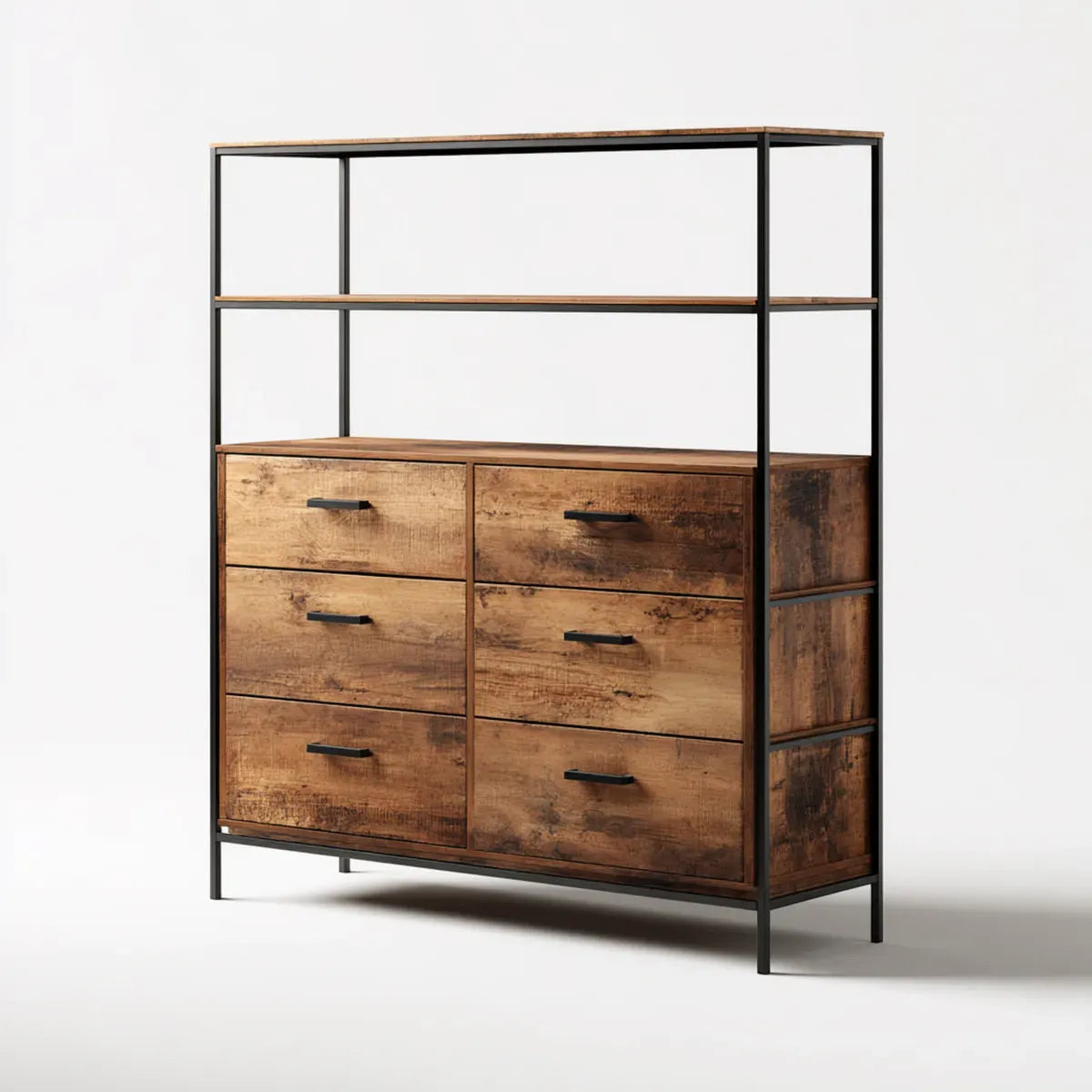 Commode 6 tiroirs marron rustique et noir en panneaux de particules 120 x 40 x 180 cm rectangulaire