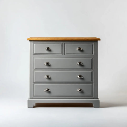 Commode 5 tiroirs gris et chêne 100 x 45 x 100 cm en MDF plaqué chêne