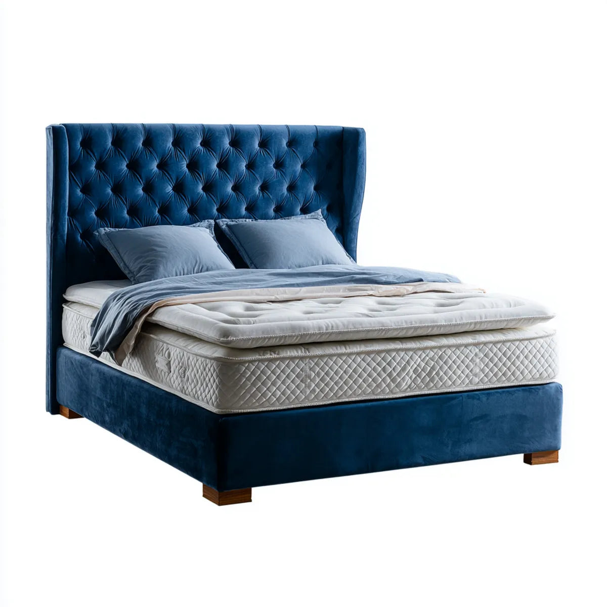 Lit double capitonné bleu nuit 160 x 200 cm en velours de polyester rectangulaire