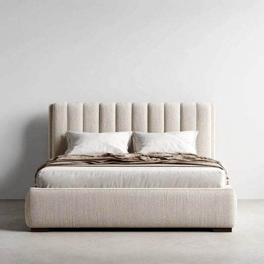 Lit double capitonné beige 160 x 200 cm en polyester avec tête de lit rectangulaire