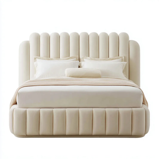Lit double capitonné crème 160 x 200 cm en velours polyester avec tête de lit arrondie
